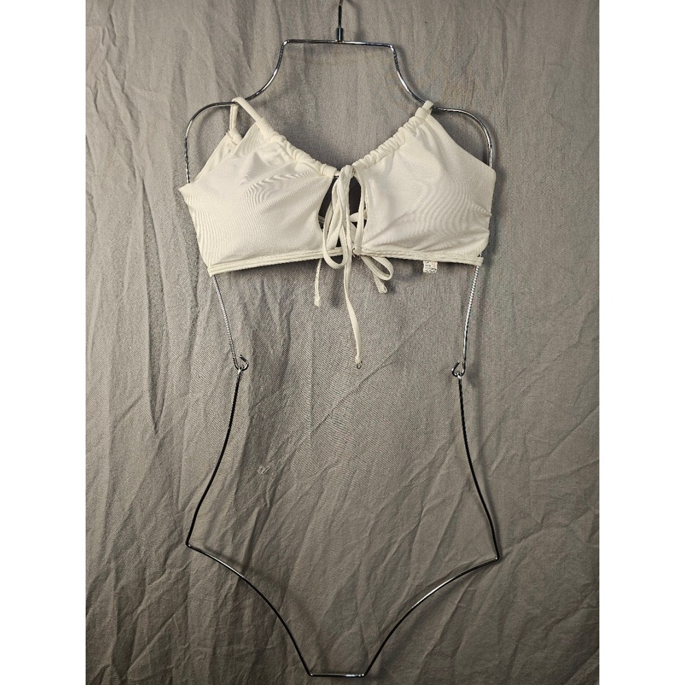 Cream White Ruched Front Tie Bikini Top Lace Up Back Swimwear Size Medium
